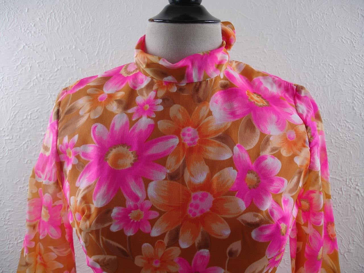 Women's S XS Vtg 1960's Bright Floral Dress Empire Waist Tiered Ruffled USA Made image 2
