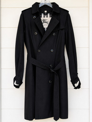 Burberry London Black Hooded Trench Coat Belted Nova Check US 10
