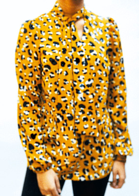 YELLOW PUSSY BOW  WITH LEOPARD PRINT TIE NECK AND SASH BLOUSE  BY  JOHN ZACK