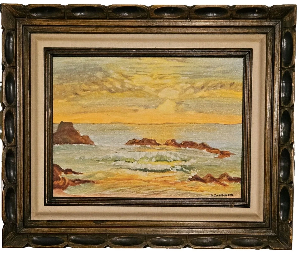 Pintura a óleo original vintage de paisagem marítima ao pôr do sol com ondas suaves ~ assinada. - Imagem 2 de 4