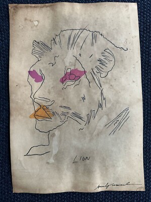 ANDY WARHOL drawing and painting on old paper signed stamped vintage