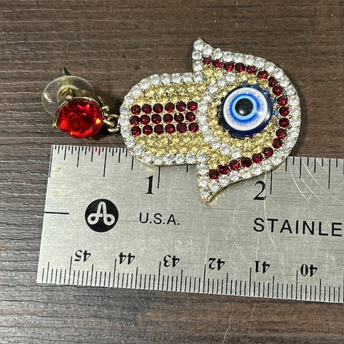 RED GOLD EVIL EYE HAMSA SYMBOL CRYSTAL BOHO DANGLE DROP EARRINGS - Picture 4 of 5