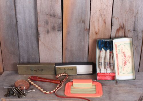 Vintage Junk Drawer Oddity Lot Gag Gift Keys Darts Hunting License Man Cave