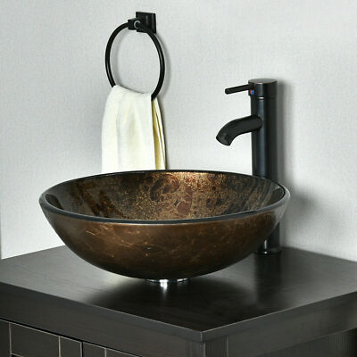 Bathroom Tempered Glass Vessel Sink Round Basin Faucet Pop-Up Drain Set Bowl US