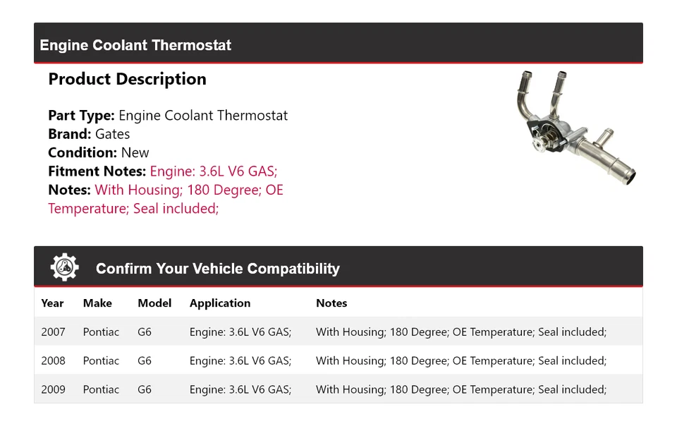 Para Pontiac G6 2007-2009 3,6 L V6 motor gas refrigerante termostato puertas 2008 Foto 2 de 4