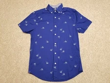 Crown & Ivy Shirt Mens Small Blue Palm Tree Short Sleeve 100% Button Down Casual