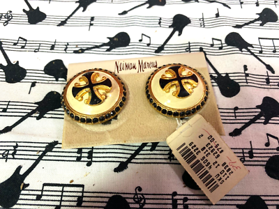 Vintage Neiman Marcus White Gold Black Cross Clip-On Earrings NWT