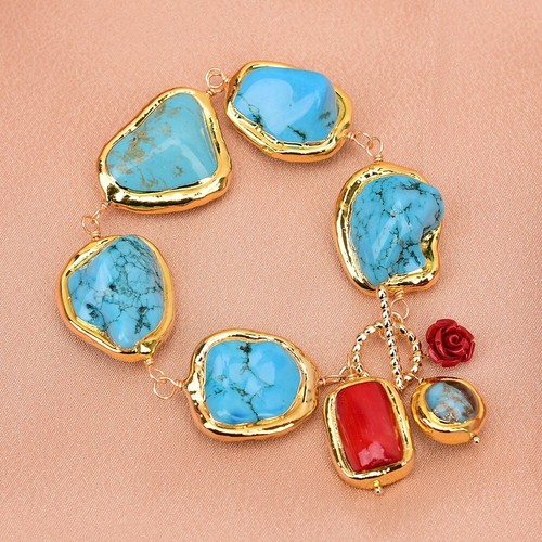 Blue Turquoise Freeform Nugget Red Coral Murano Glass Beaded Bracelet Ethnic - Picture 2 of 7
