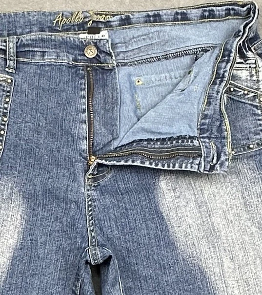 Pantalones de mezclilla Apollo para mujer 17/18 (36x31) azul corte bota desgastado solapa bolsillos tachonados Foto 3 de 4