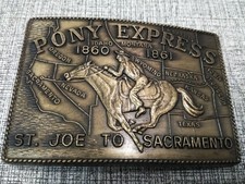 VTG Pony Express Brass Belt Buckle "1860-1861 St. Joe to Sacramento 3.5"X21/3"