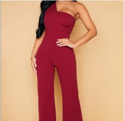 Pretty little thing burgundy one shoulder drape jumpsuit Size 4