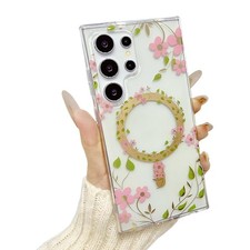 For Samsung S23 S24 S25 S26Ultra Magnetic Floral Patterned Hard PC Back TPU Case