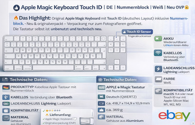   Apple Kabellose Tastatur Magic Keyboard mit Touch ID (DE) Nummerblock  NEU