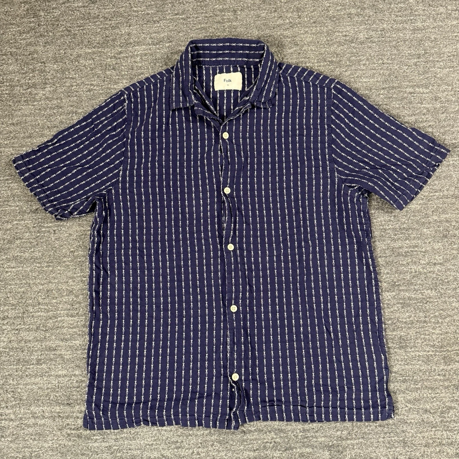 Folk Clothing Shirt Men XL Navy Short Sleeve Camp Stripe Beach Resort Linen
Opens in a new window or