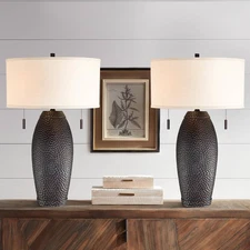 Franklin Iron Works Rustic Vase Hammered Bronze Pull Chain Lamps Set of 2