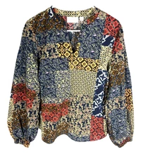 Belle Boho by Kim Gravel Blouse Patchwork Luxe Poplin Popover Navy Multi L NEW