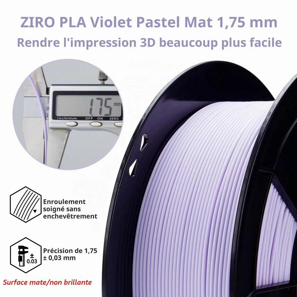Mat Filament pour Imprimante 3D Mat PLA 1.75mm 1 kg Violet Pastel