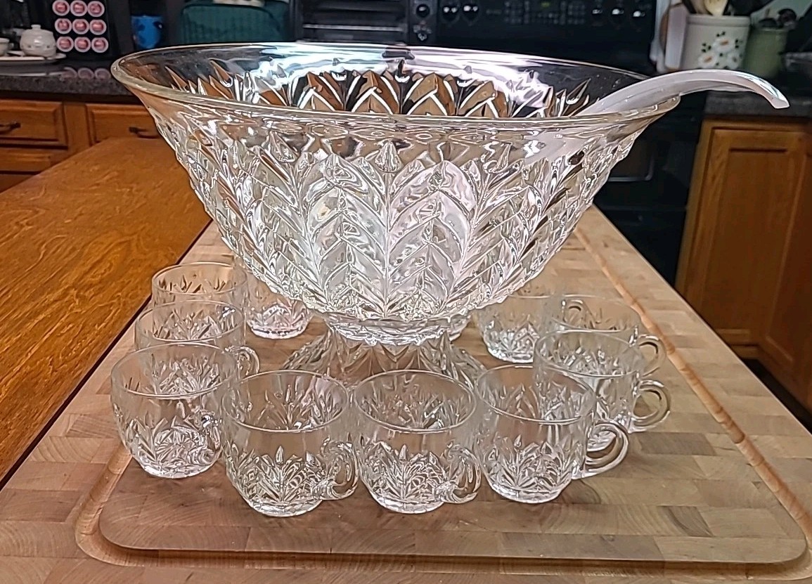 Vintage Cut Glass Large Punch Bowl Set with Pedestal 12 Glasses and Ladle
