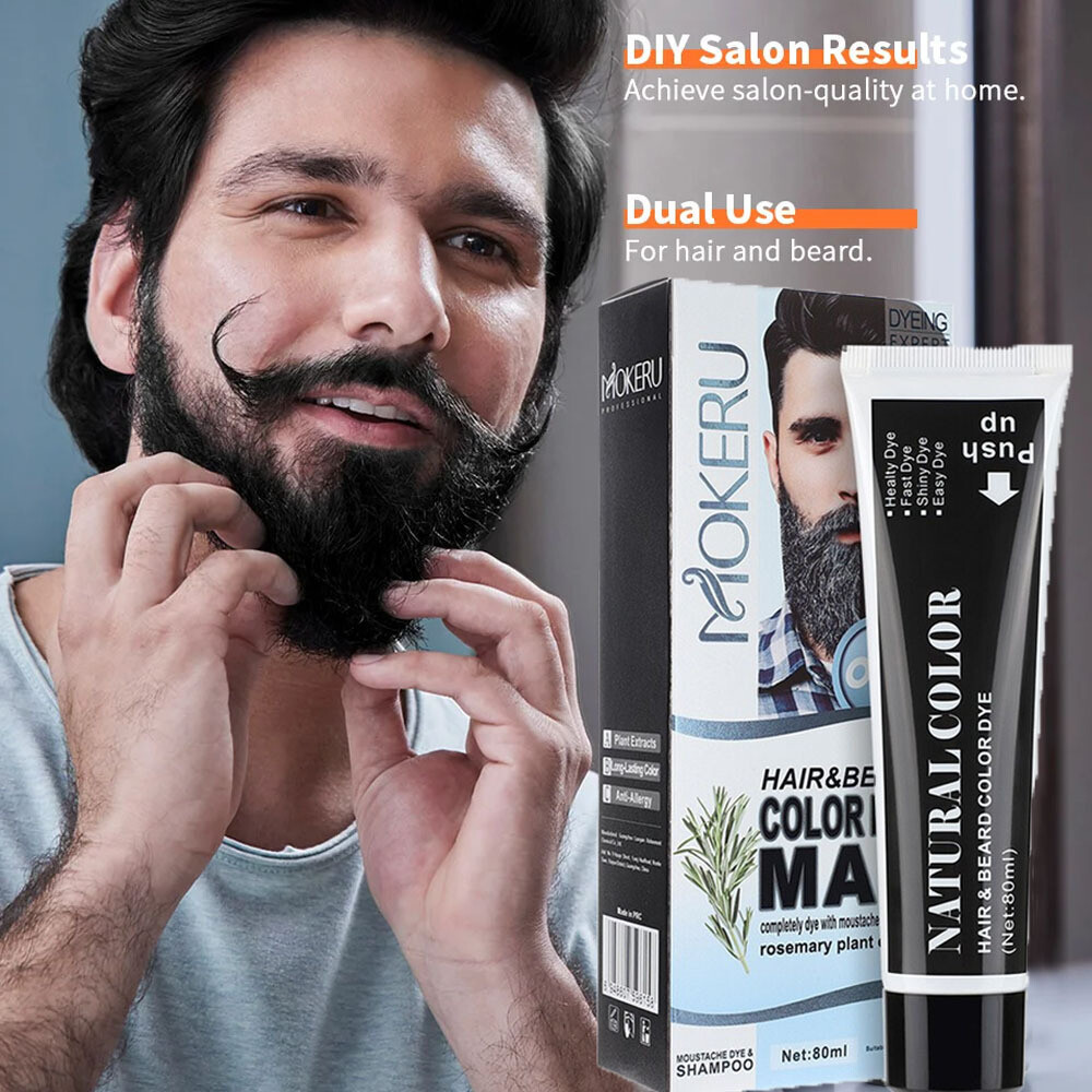 MOKERU Mens Black Beard Dye Cream With Comb Fast Coloring Beard & Hair Dye 80ml