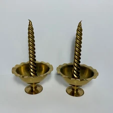 Vintage Brass Ruffled Edge Taper Candle Holders 3 in x 5 in Bowl Style