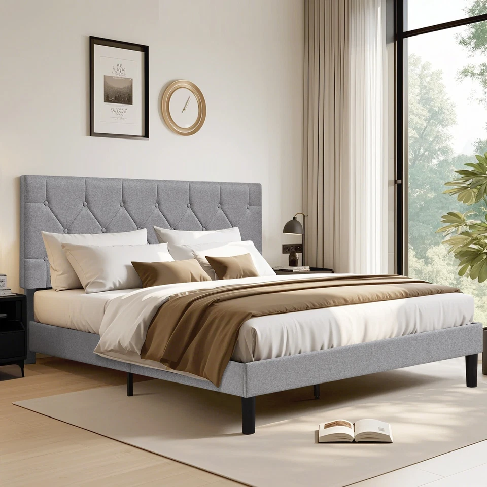 Каркас кровати с мягкой обивкой двуспальная кровать размер Queen платформа с бриллиантовыми пуговицами стеганое изголовье - Изображение 2 из 4