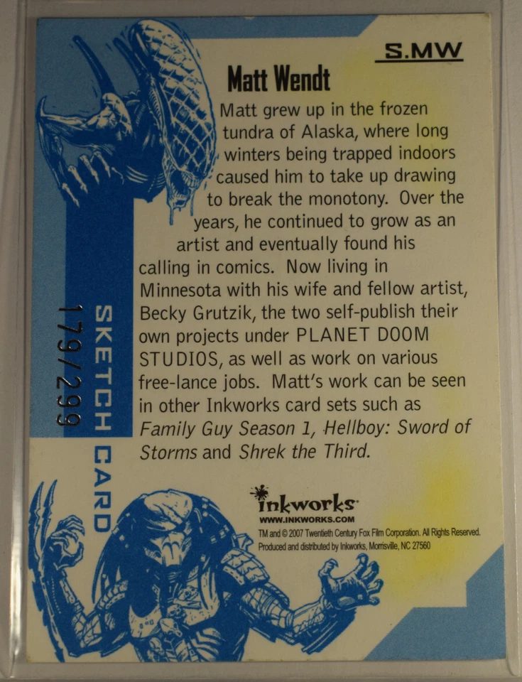 Aliens vs Predator Requiem AVP Inkworks 2007 Sketch S.MW Matt Wendt #179/299 - Image 3 of 4