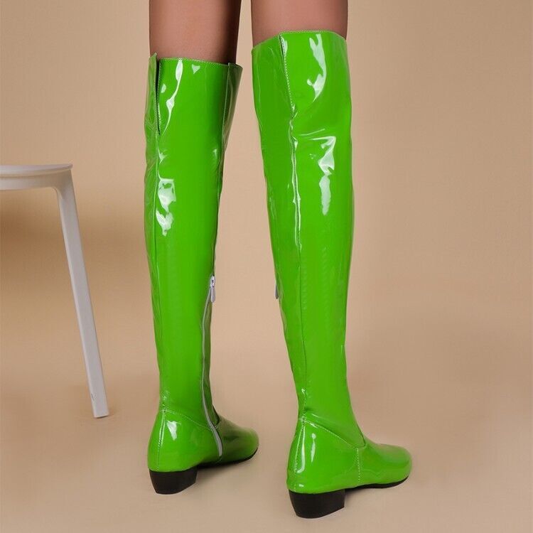 Womens Flat Heels Over The Knee Stretch Thigh High Boots Patent Leather