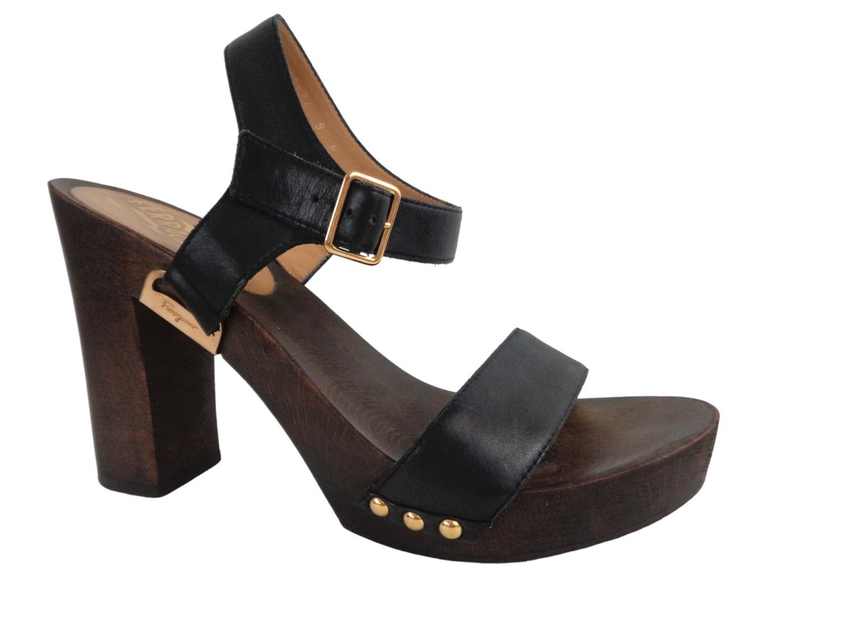 SALVATORE FERRAGAMO 9M Black Leather Wood Platform High Heel  display picture 2
