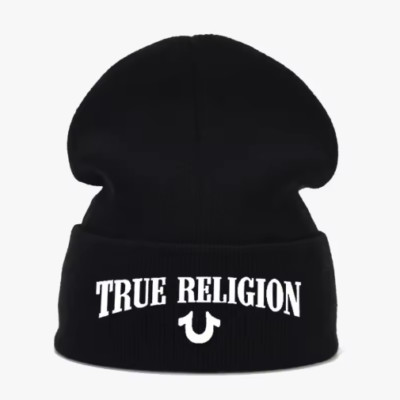 True Religion Black Knit Beanie Hat - Unisex Winter Cuffed Cap