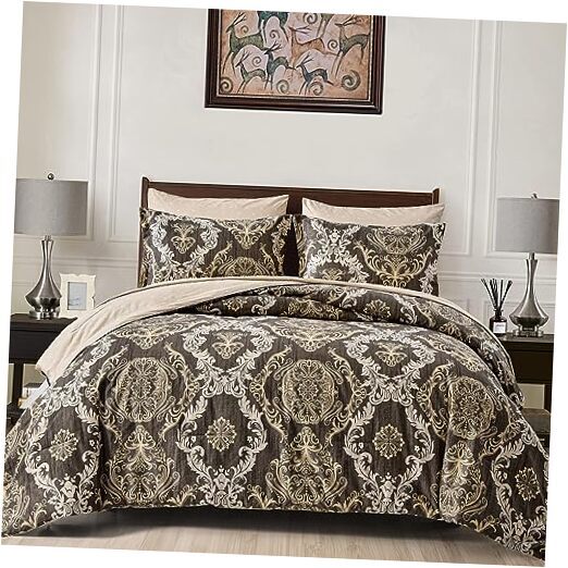 Comforter Set Damask Texture Design 7 Pieces Bed in a Bag Queen Light Brown-image