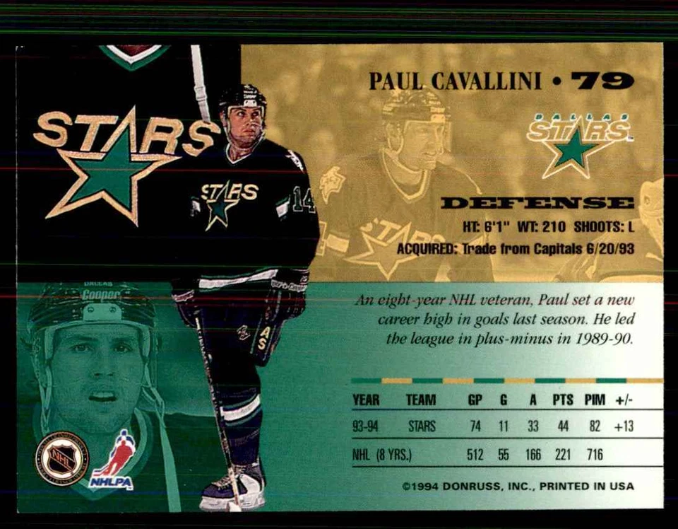 1994-95 Leaf Paul Cavallini Dallas Stars #79 - Image 2 of 2