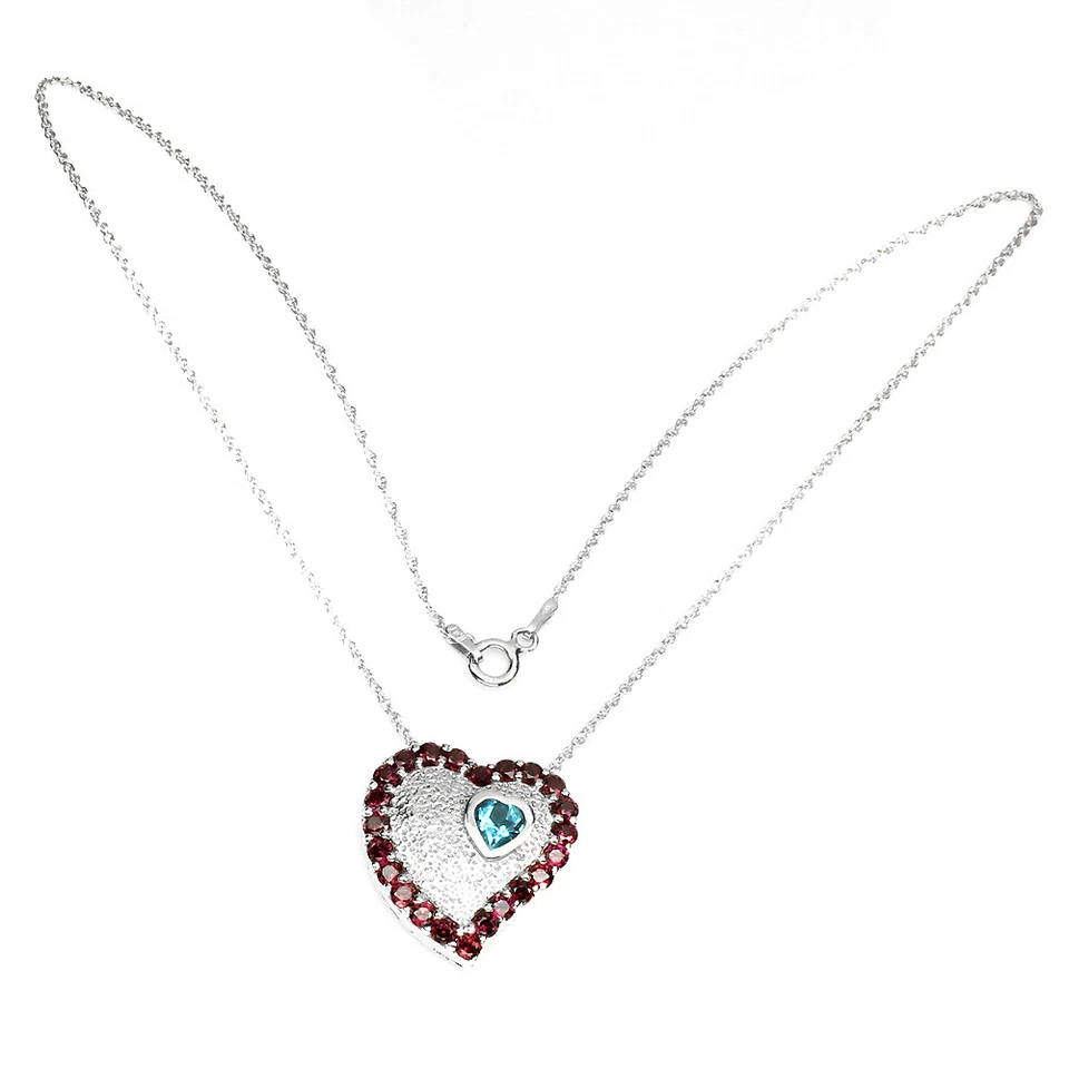 925 Sterling Silver Necklace Heart Swiss Blue Topaz Rhodolite Garnet  Gemstone - Image 4 of 4