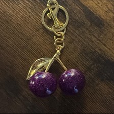Cute Purple Cherry Bag Charm Keychain   Sparkly Gold Leaf Purse Accessory