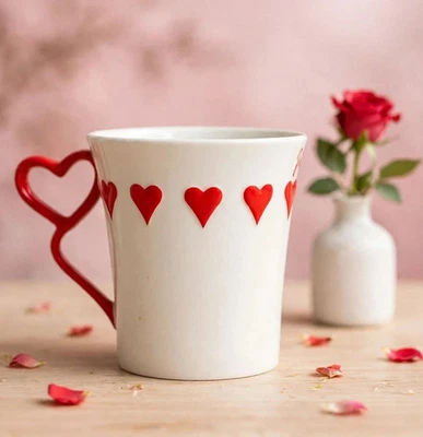 tasse céramique blanche anse coeur rouge motifs coeurs rouge en reliefs - Photo 1/4