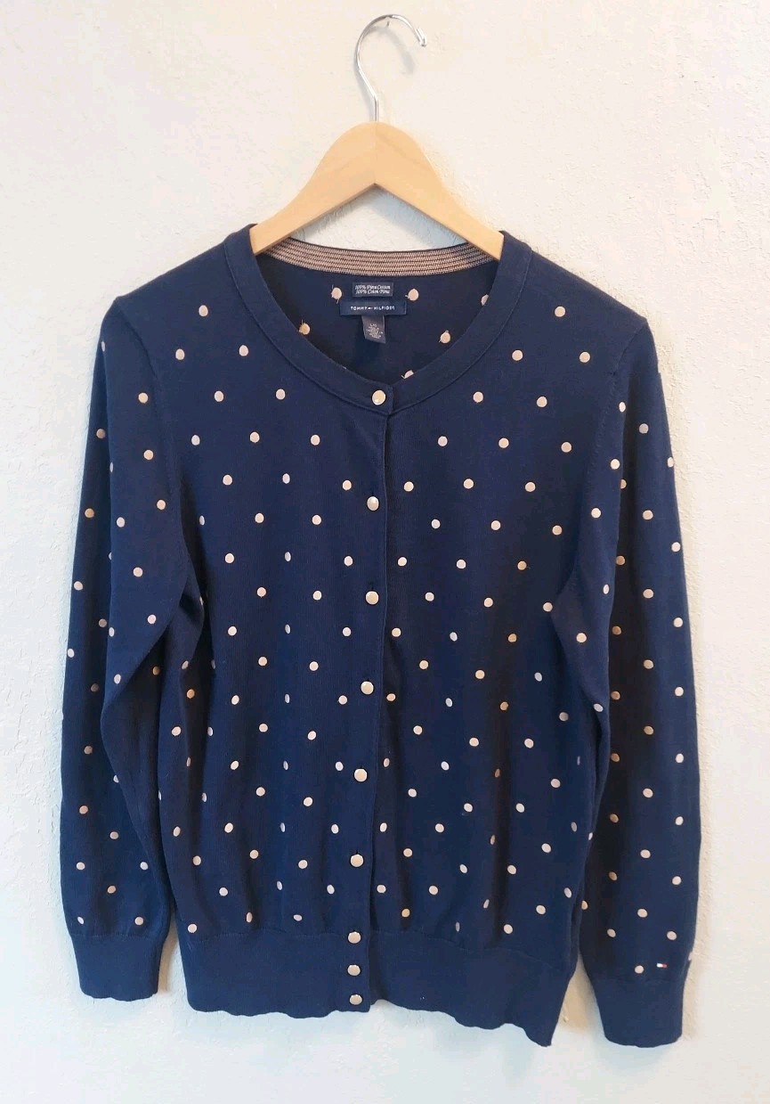 Tommy Hilfiger Navy Pima Cotton Polka Dot Embroidered Button-Up Cardigan