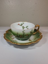 Antique T&V Tea Cup Saucer Tressemann Vogt Limoges Holly Berry Pattern