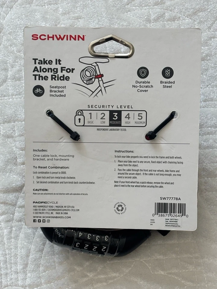 Schwinn Steel Cable Combo Lock - 6’ x 12mm with Seatpost Bracket - NEW - Image 3 of 3