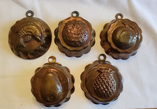 5 Vtg Small Mini Copper Cake Candy Molds Fruits Fish 2
