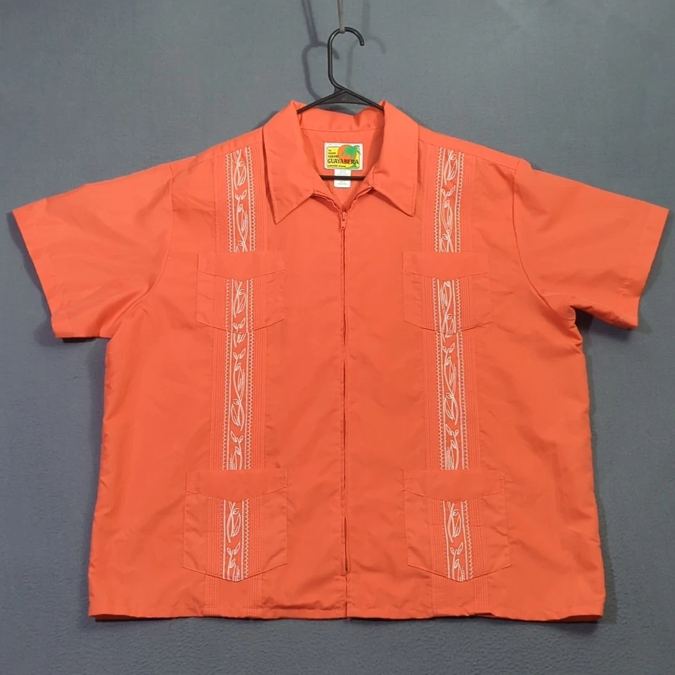 Haband Guayabera Shirt Men's XXL Coral Zip Up Short Sleeve White Embroidery - Image 2 of 4