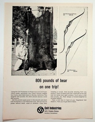 Colt Bows Vintage Ad Harvy Ebers Bear Hunt Recurve Archery 1960s Ephemera