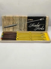 Vintage Set of 6 Fondue Forks Stainless Colorized Wood Handle Complete In Box