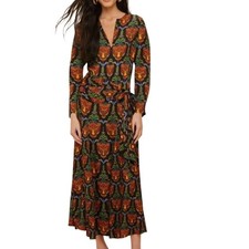 Farm Rio Boho Panther Black Midi Dress Long Sleeve V-Neck Size S No belt NEW