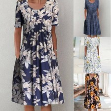 Crew Neck Short Dress Sleeve Midi Dress Women Floral Ladies Baggy Pocket Pleated