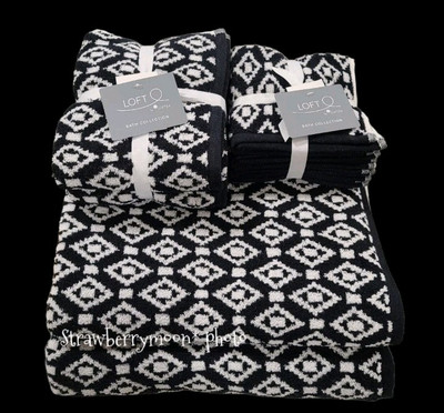 8pc Loft Bath Hand Washcloth Black & White Diamond Aztec Tile Towel Set NEW