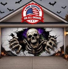 Halloween Garage Door Cover 7x16 FT Skeleton 2-Car Outdoor Banner Backdrop Decor