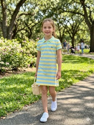 Girls sz12 Lacoste striped short sleeve polo dress-yellow/blue/green