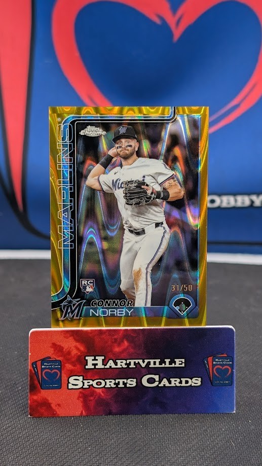 CONNOR NORBY 2025 TOPPS CHROME #199 GOLD RAYWAVE REFRACTOR /50 RC MARLINS