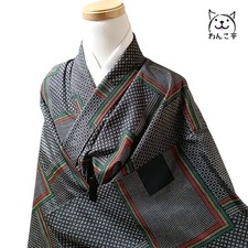 Wankotei Wa56 Kimono Pure Silk Pongee Black Gray Geometric Japanese Japan