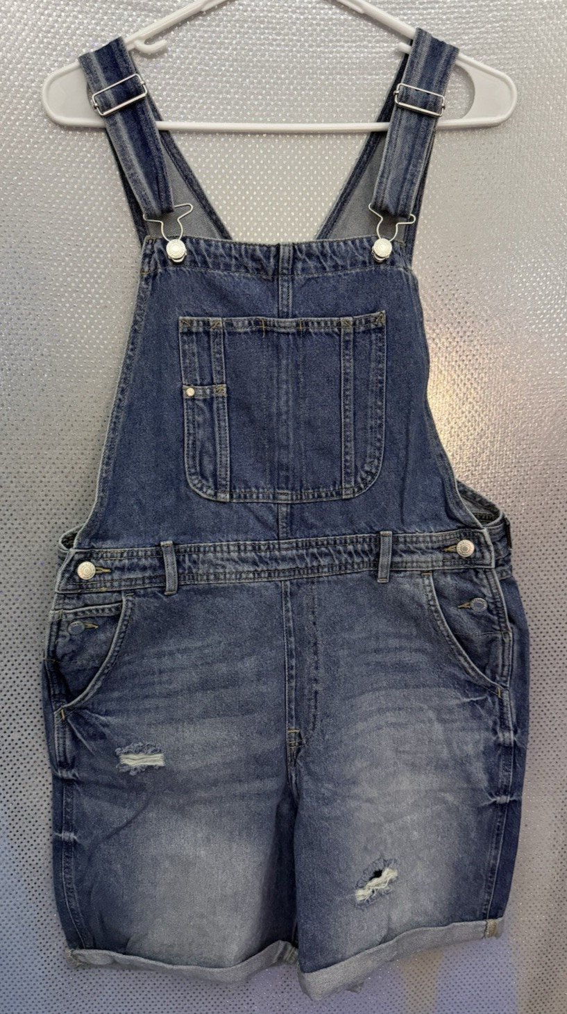 H&M &Denim Shortalls Womens Sz M Cotton Distressed Denim Jean Short Overalls NWT