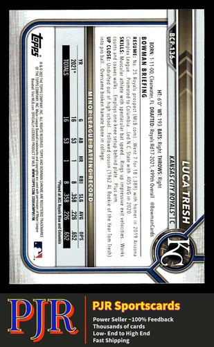 2022 Bowman #BCP-136 Luca Tresh  Chrome Prospects Kansas City Royals - Afbeelding 2 van 2